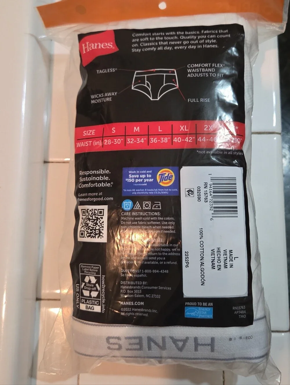 Hanes Men’s Tagless Briefs 6-Pack Large 36-38 White 100% Cotton Brand New!